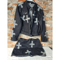 Womens Denim Jacket Skirt Set XXL Black Cross Patch Two Piece Moto Style
