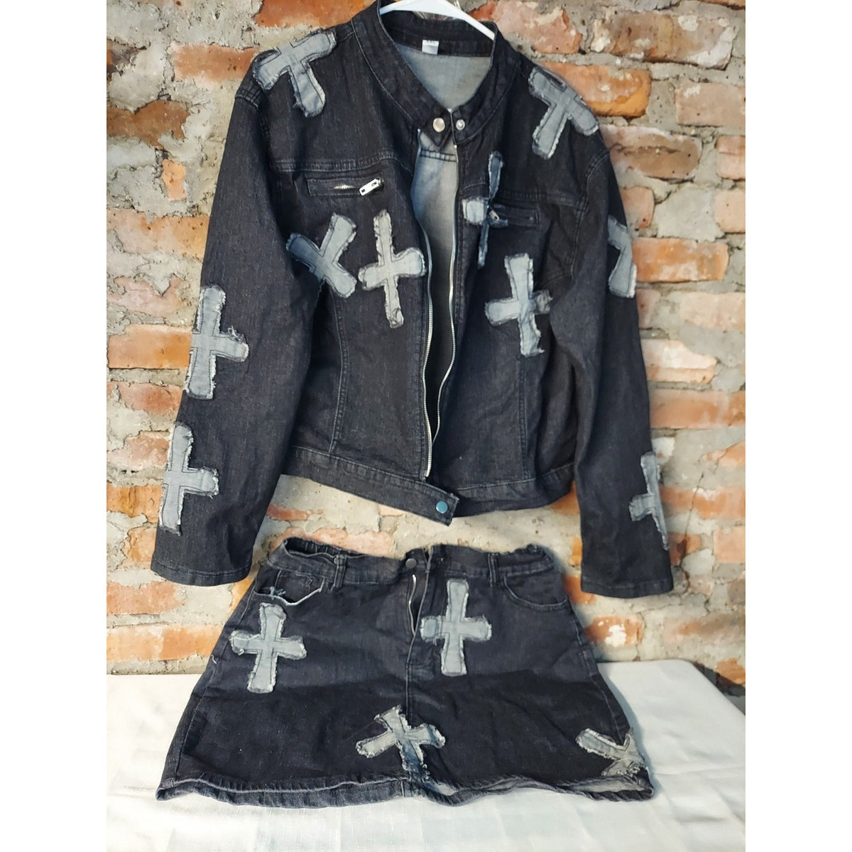 Womens Denim Jacket Skirt Set XXL Black Cross Patch Two Piece Moto Style