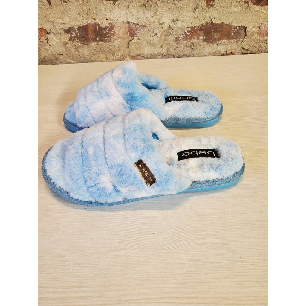 Bebe Womens Sadia Blue Tie Dye Faux Fur Slide Slippers Size 8 M Plush New