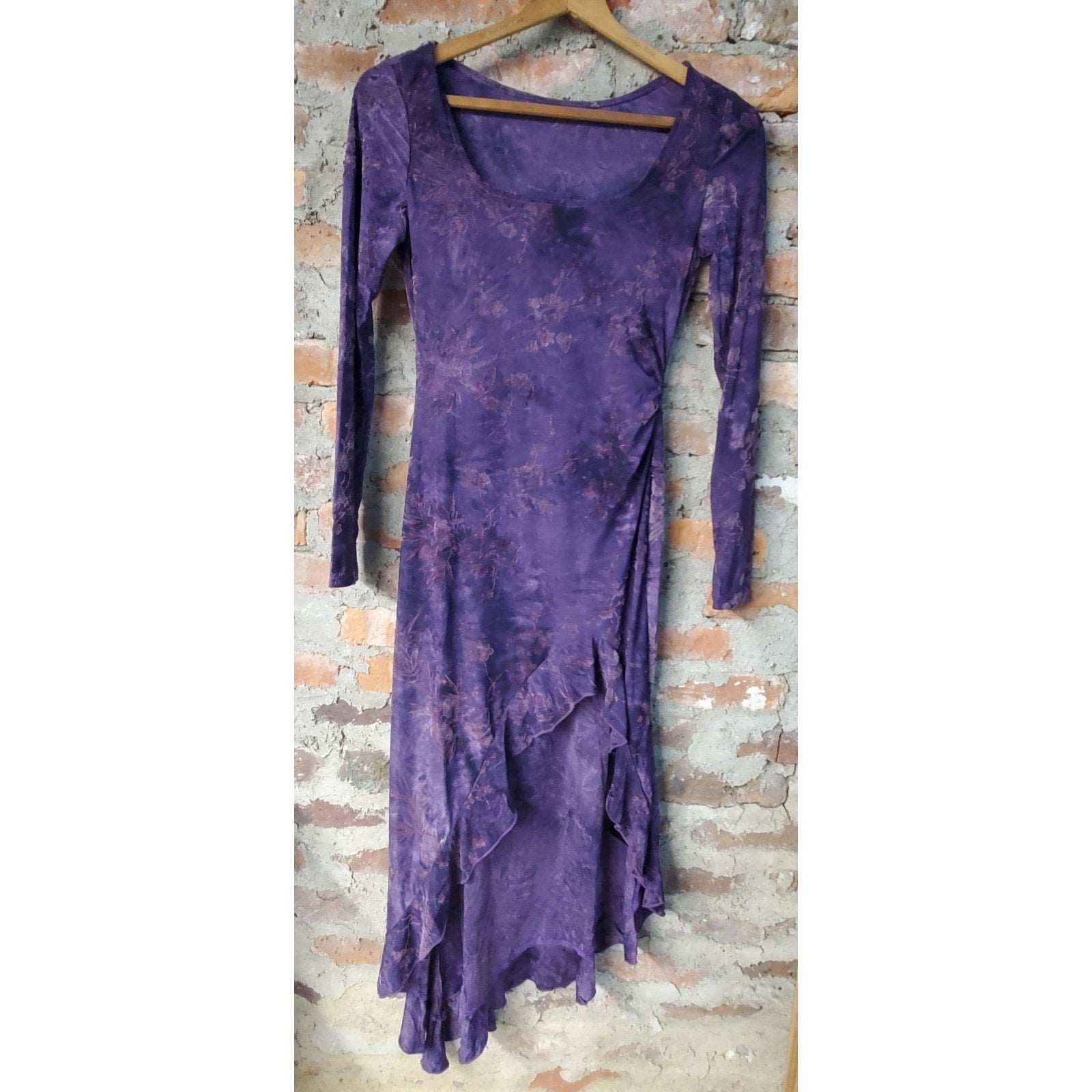 Gert Corel Womens Sz S Dress Purple Floral Ruched Ruffle Long Sleeve Midi
