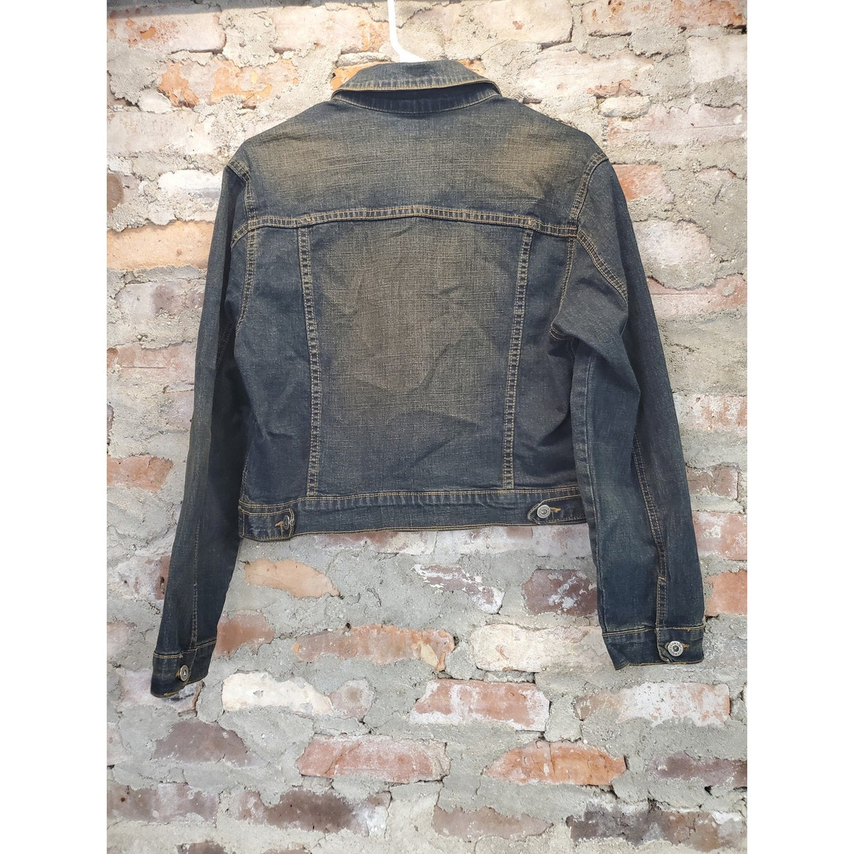 JUST USA Womens Denim Jean Jacket L Large Dark Wash Distressed Stretch Cropped