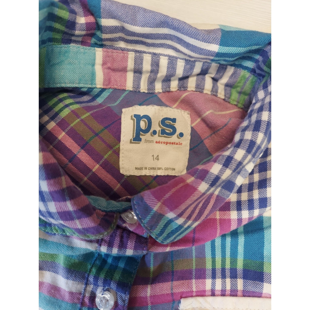 PS Aeropostale Girls Plaid Button Up Shirt 14 Multicolor Roll Tab Long Sleeve