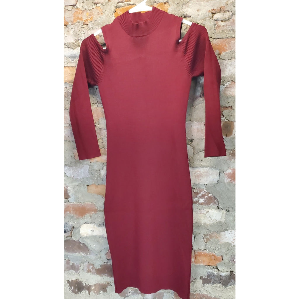 Bar III Womens Mock Neck Cold Shoulder Bodycon Dress Medium Burgundy Ribbed Knit