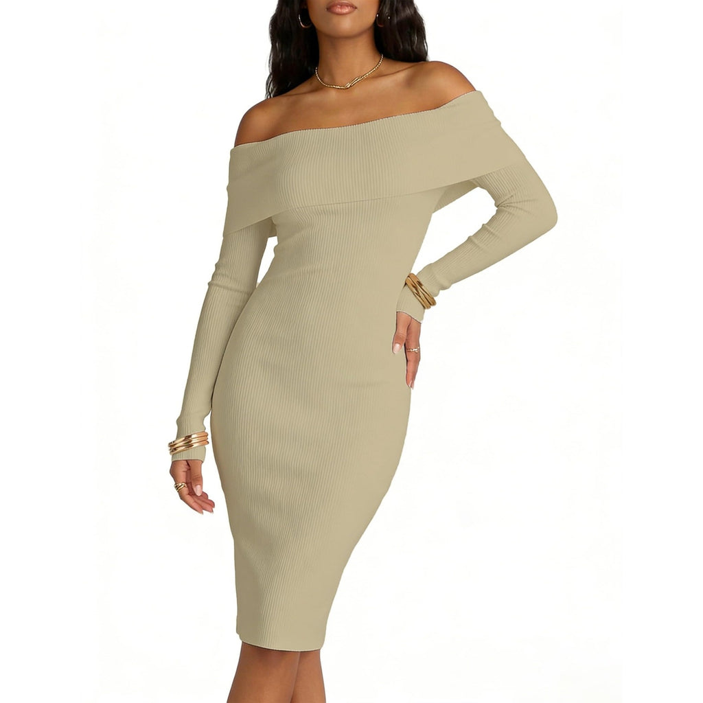 MAKABO Womens Off Shoulder Ribbed Midi Dress XL Beige Long Sleeve Club Party