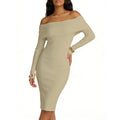 MAKABO Womens Off Shoulder Ribbed Midi Dress XL Beige Long Sleeve Club Party