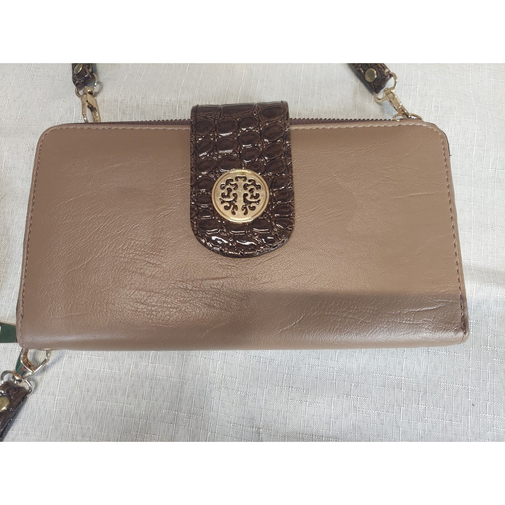 Womens Wallet Crossbody Bag Tan Brown Crocodile Embossed Removable Strap