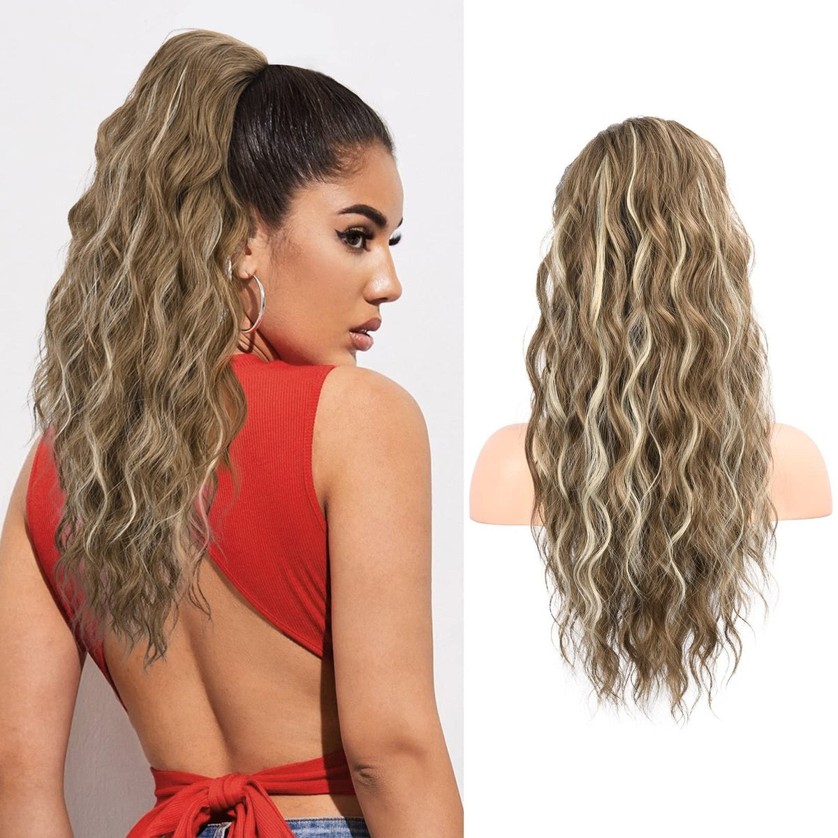 FluffyMeez 22" Ponytail Extension Wavy Curly Synthetic Hair Piece Brown Blonde