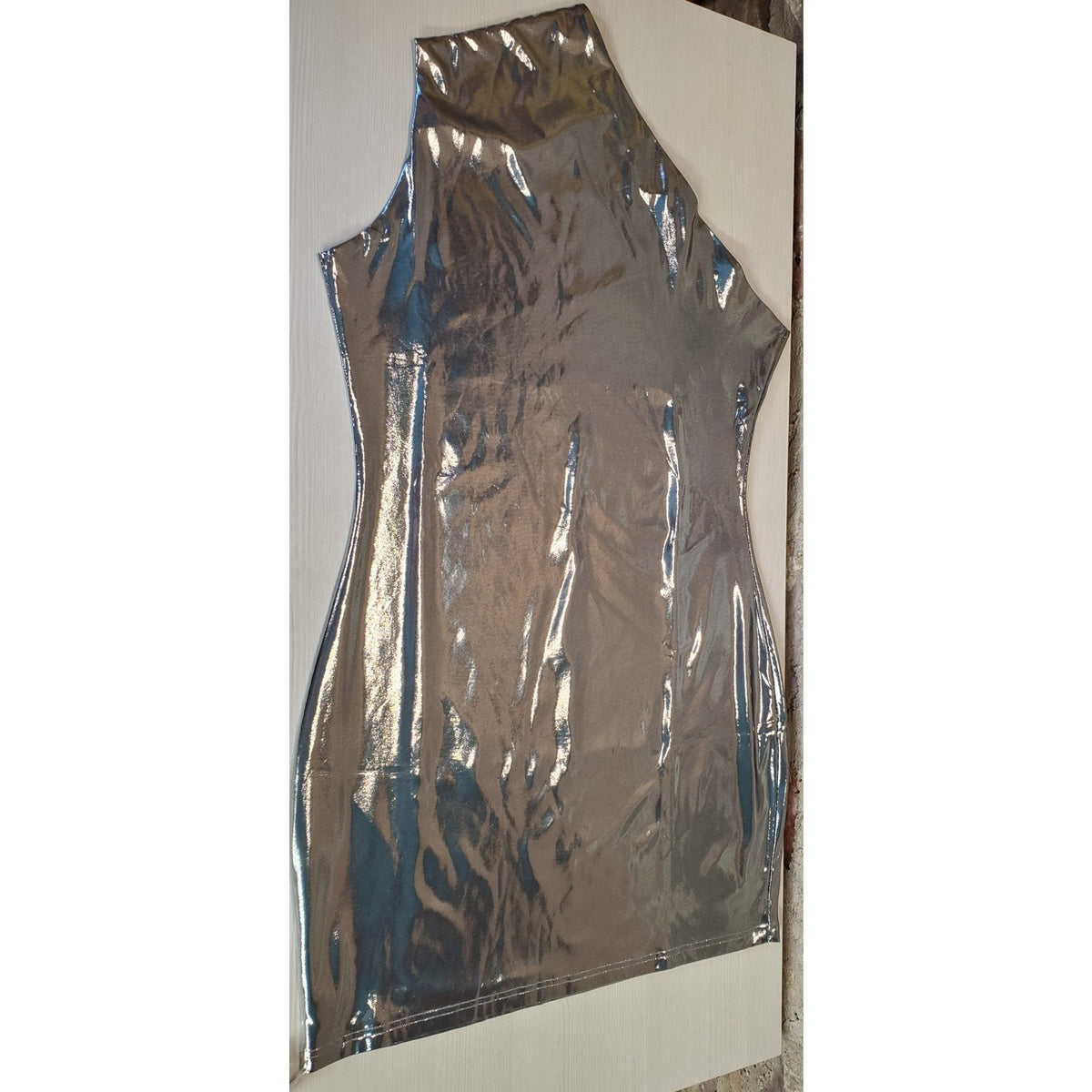 LuFeng Womens One Shoulder Mini Dress L Metallic Silver Bodycon Wet Look Party