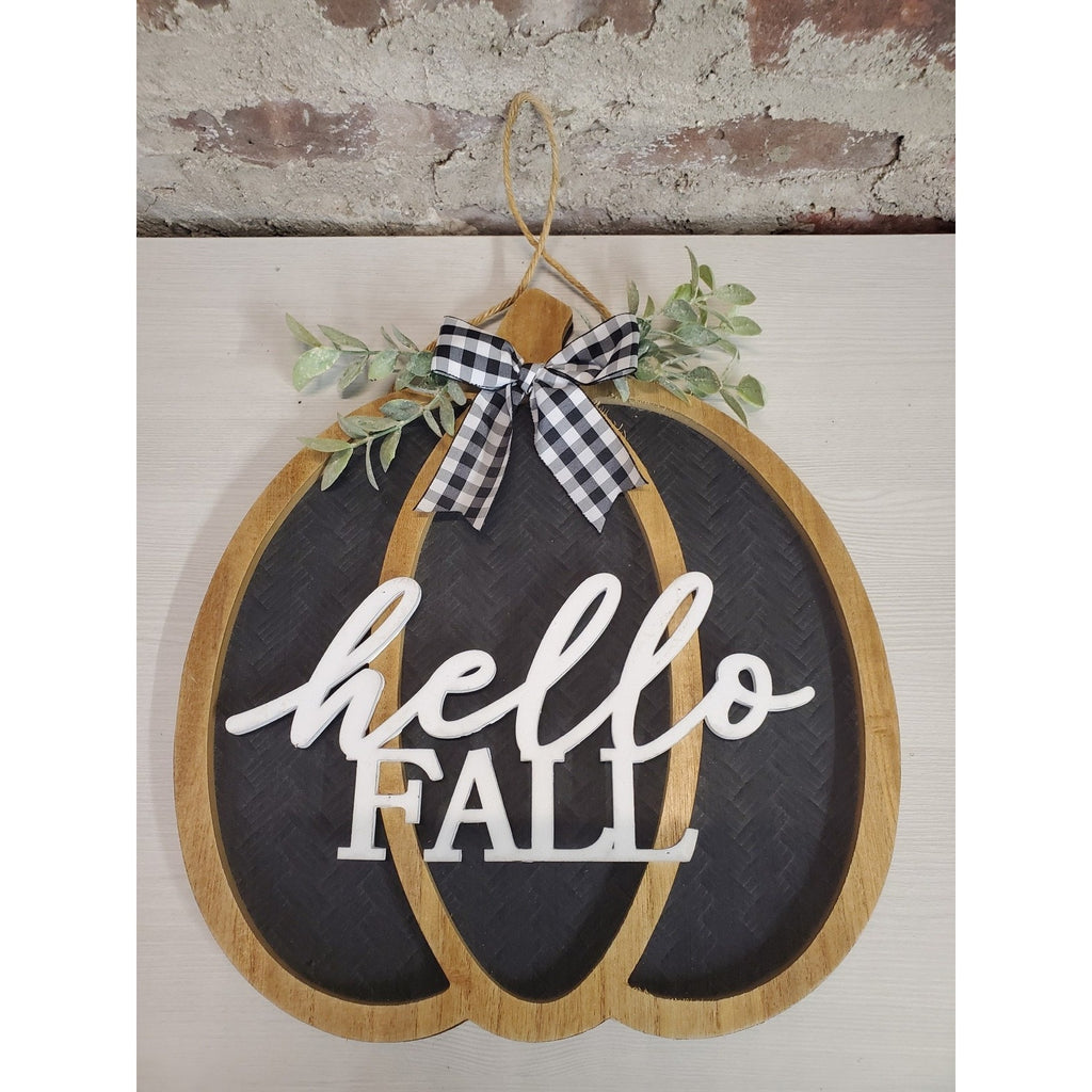 Hello Fall Pumpkin Door Hanger Autumn Decor Farmhouse Rustic Wood Gingham Bow 12