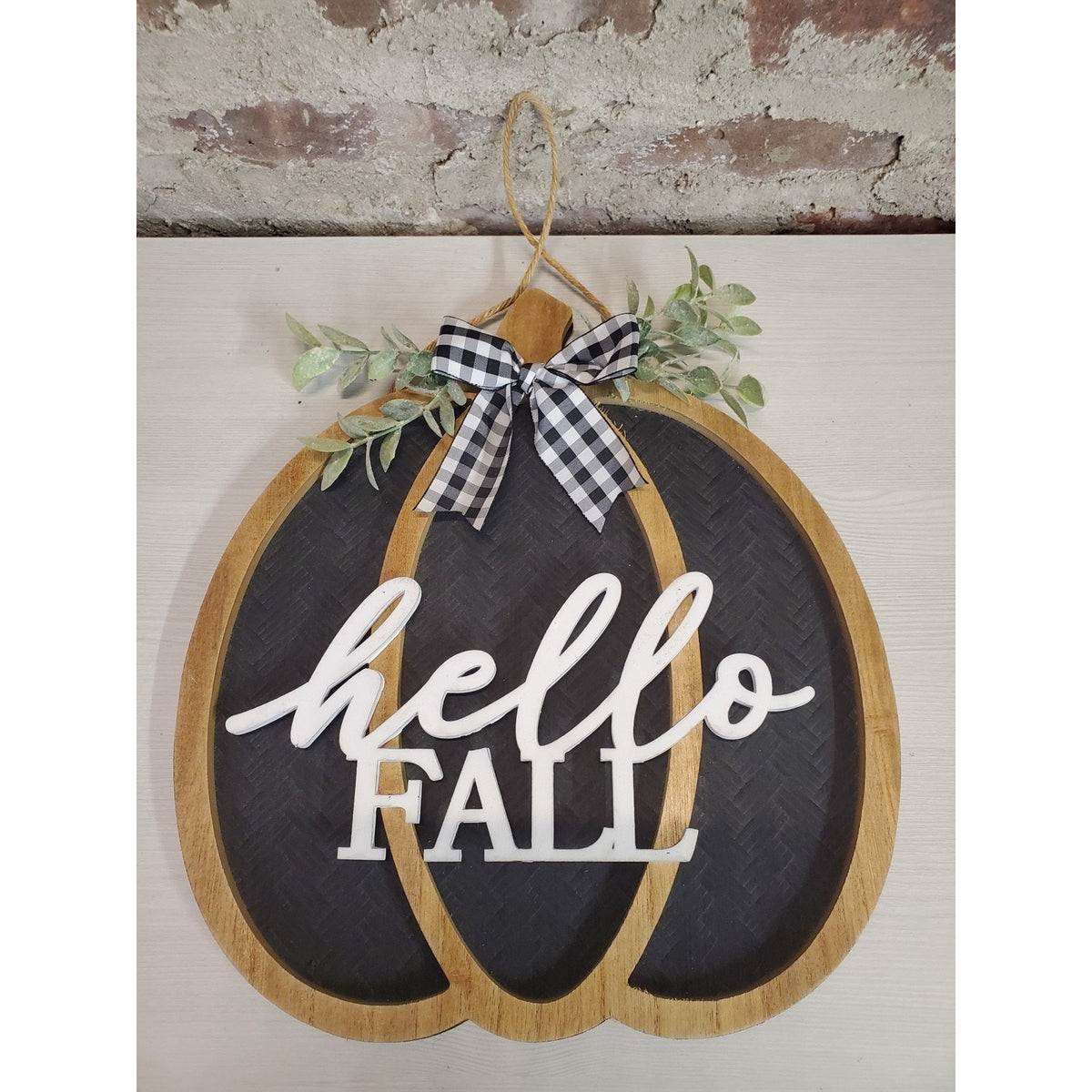 Hello Fall Pumpkin Door Hanger Autumn Decor Farmhouse Rustic Wood Gingham Bow 12