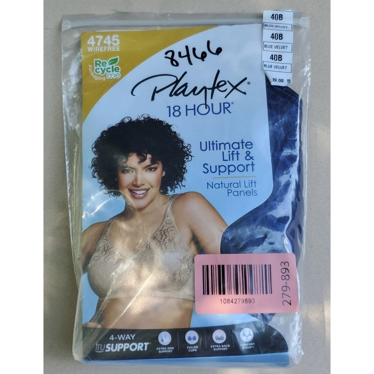 Playtex Womens 18 Hour Bra 4745 Ultimate Lift Support Wirefree 40B Blue New