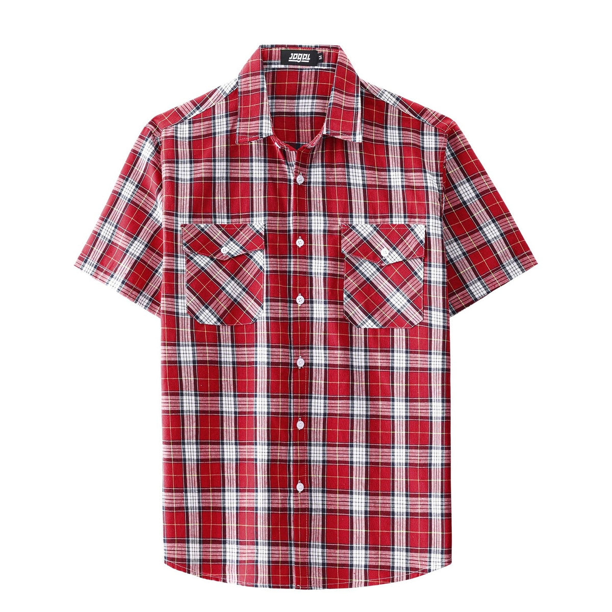 JOGAL Mens Short Sleeve Button Down Shirt Red Plaid XXL Two Pocket Western