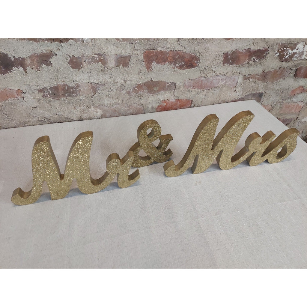 Mr & Mrs Gold Glitter Wedding Engagement Anniversary Table Decor Sign