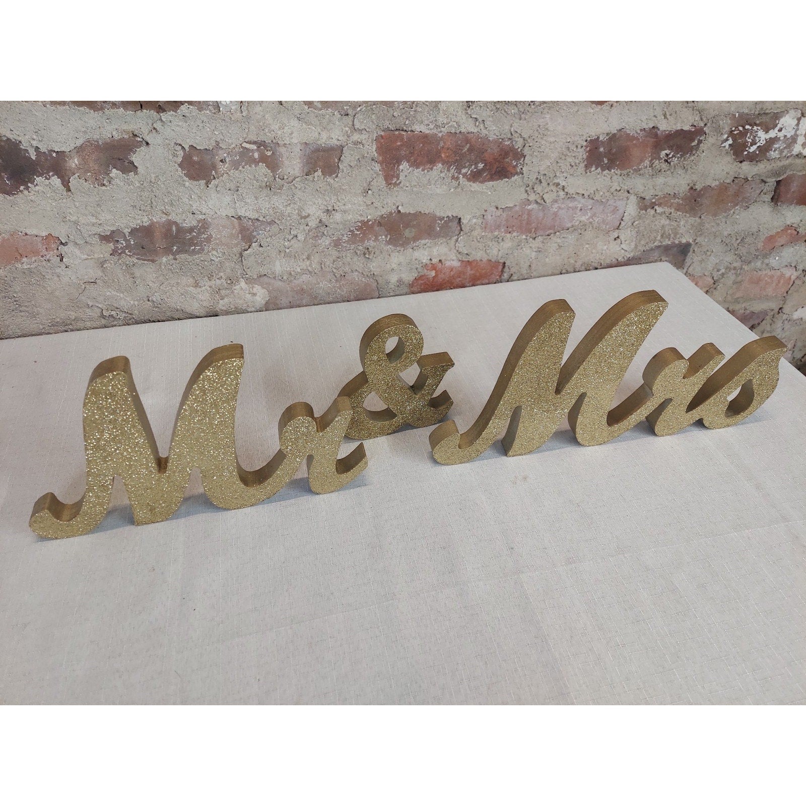 Mr & Mrs Gold Glitter Wedding Engagement Anniversary Table Decor Sign