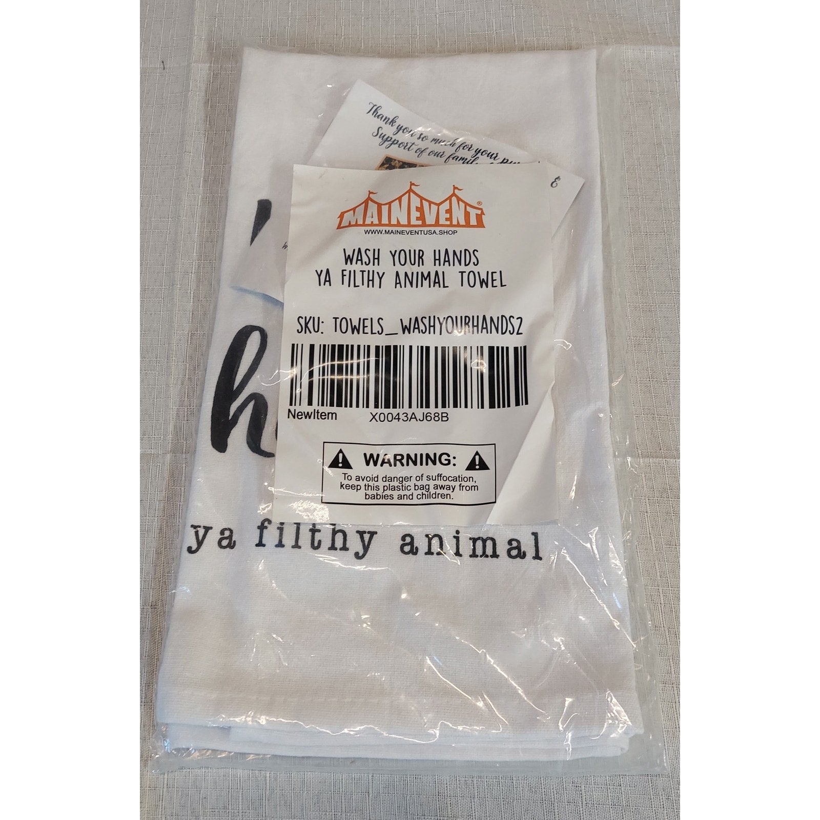 Main Event Wash Your Hands Ya Filthy Animal Kitchen Dish Towel New White Black