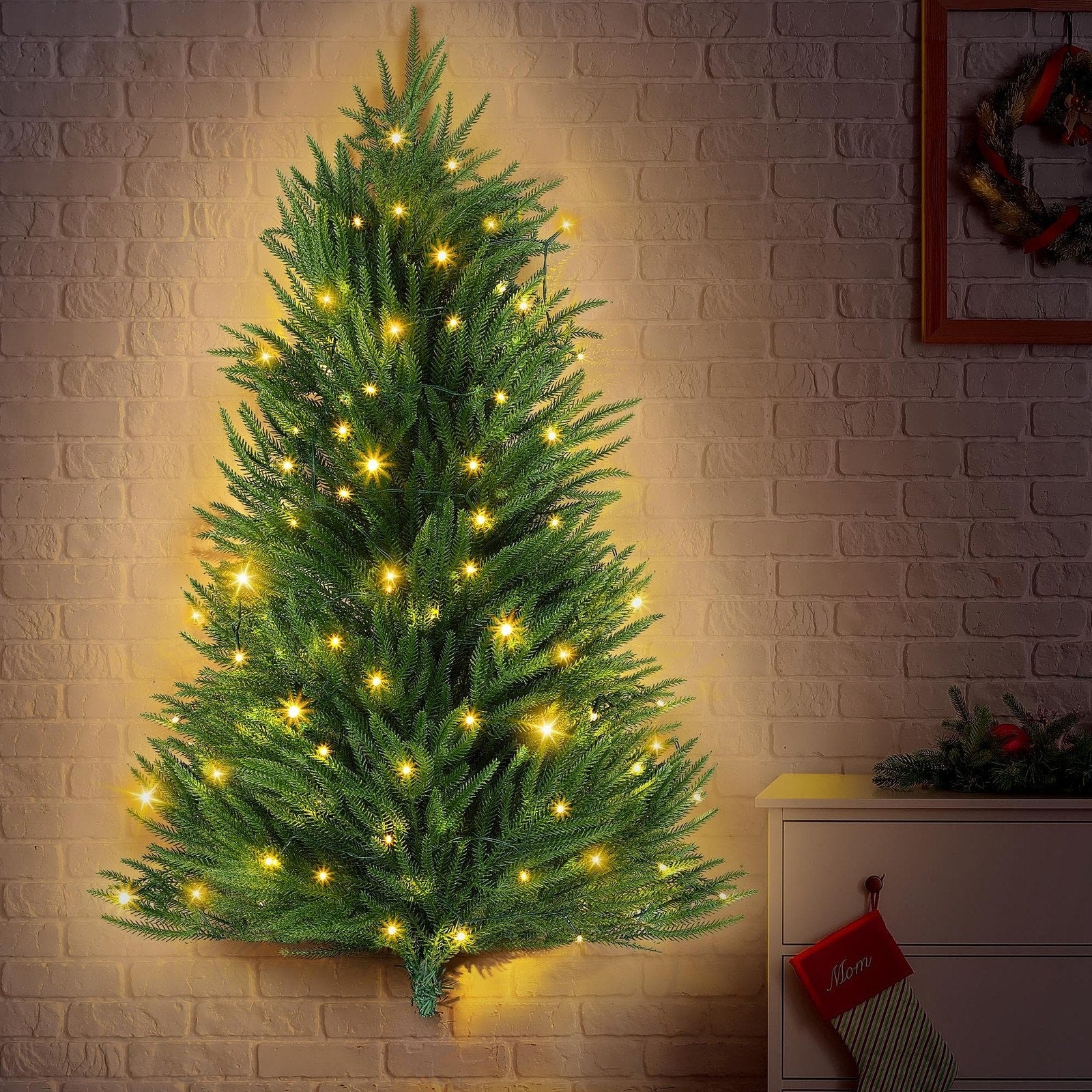 Wall Mounted Half Christmas Tree Pre Lit LED Lights Artificial Green Holiday 3ft