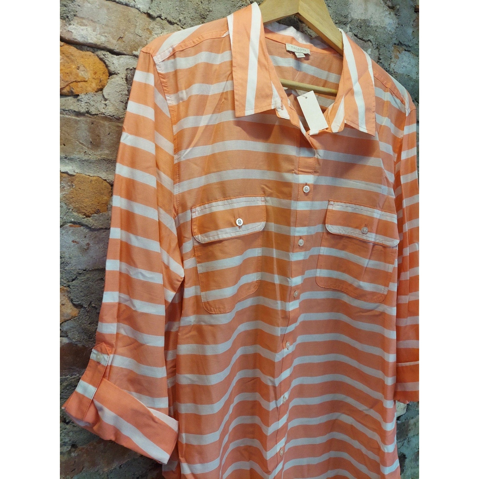 Talbots Womens Shirtdress Button Down Tunic XL Coral White Striped 100% Cotton