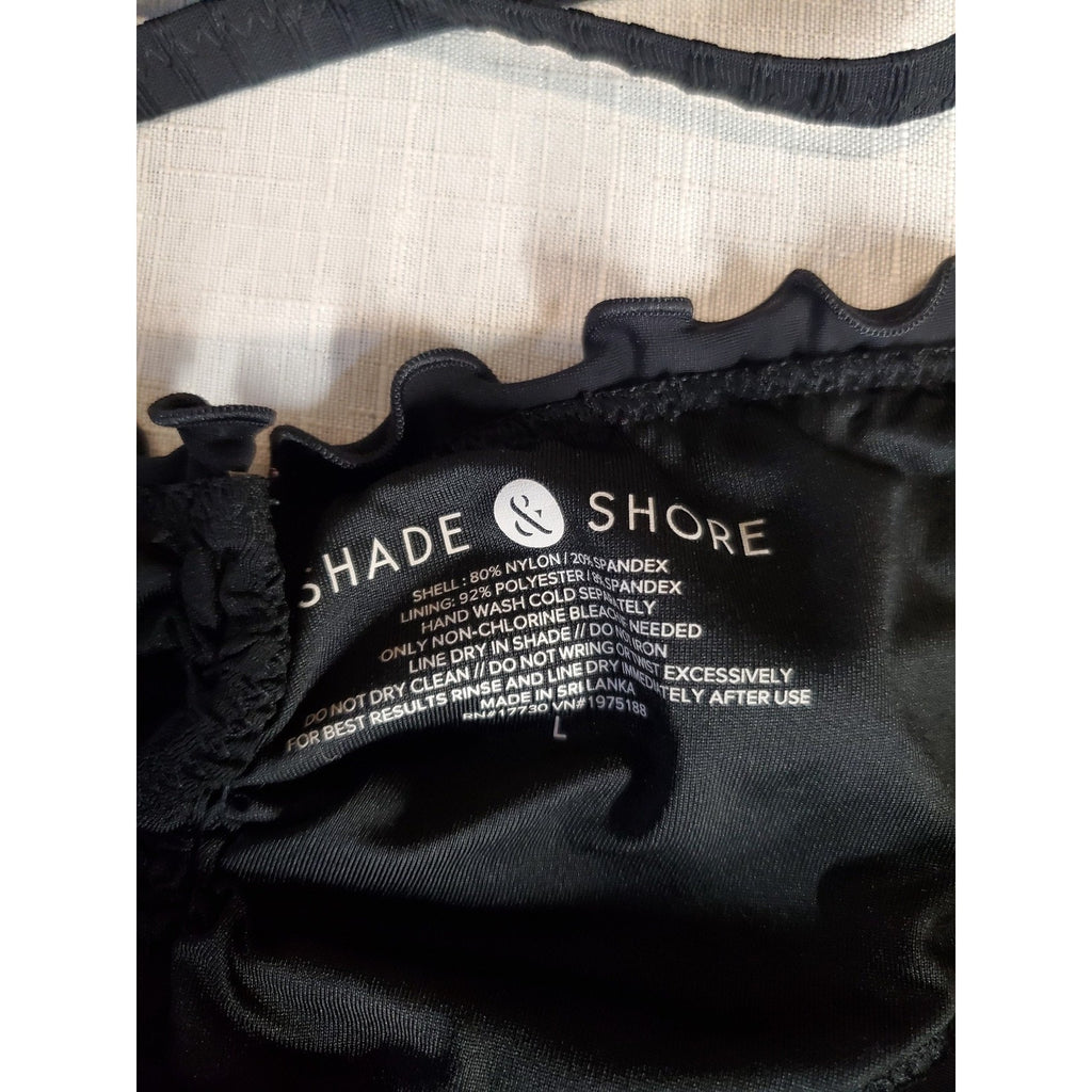Shade & Shore Womens Bikini Set L Black Ribbed Ruffle Criss Cross 36DD Top