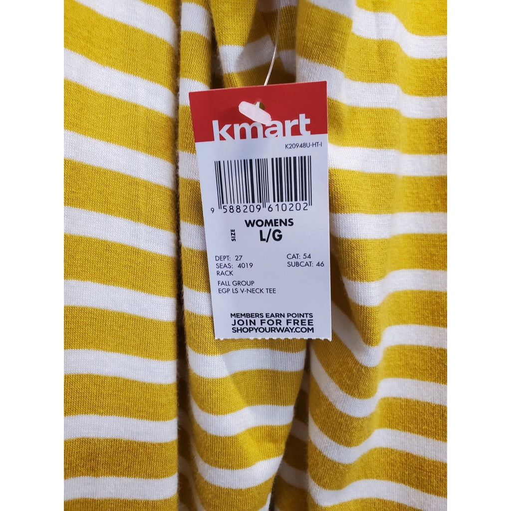 Kmart Womens Long Sleeve V Neck T Shirt Large Yellow White Striped NWT