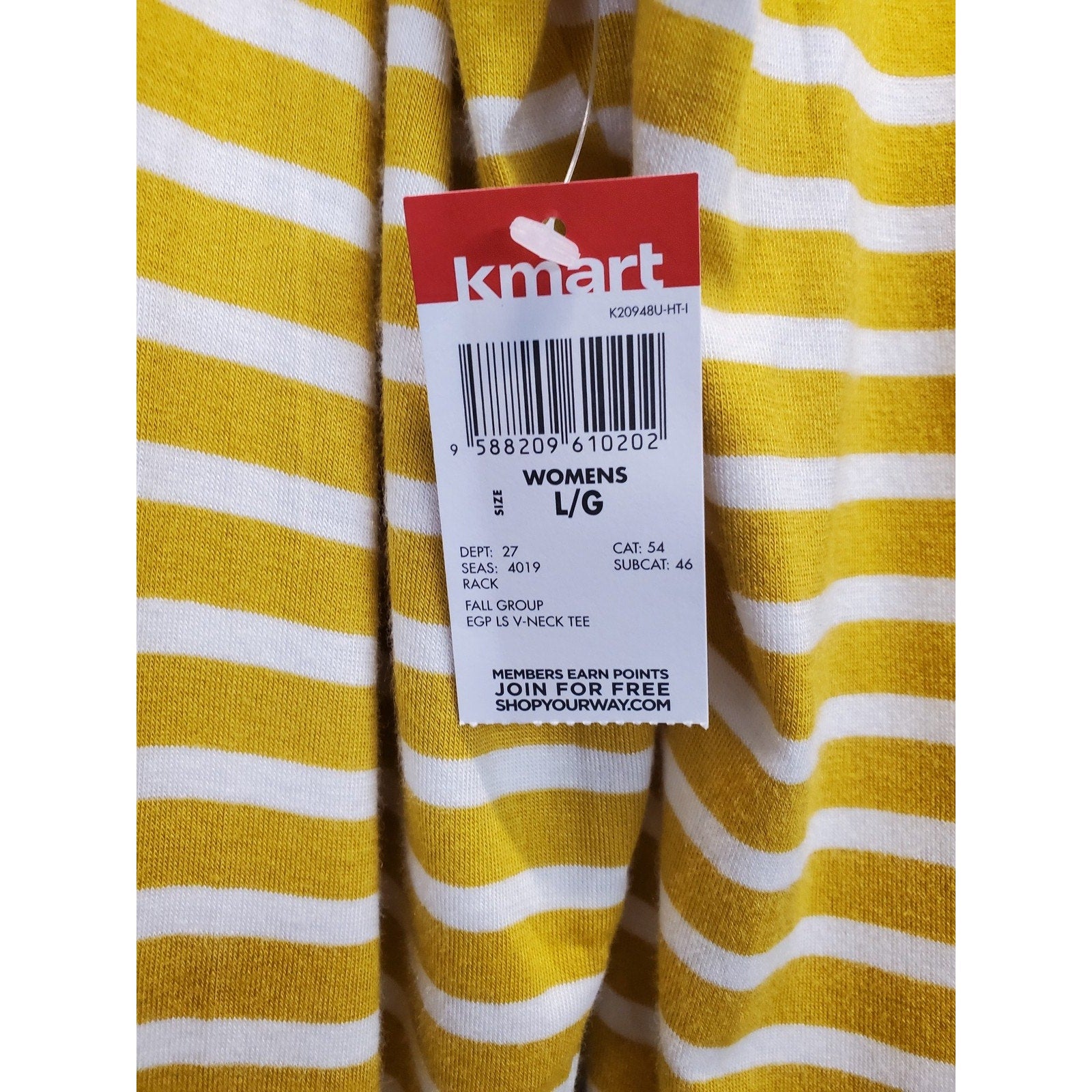 Kmart Womens Long Sleeve V Neck T Shirt Large Yellow White Striped NWT