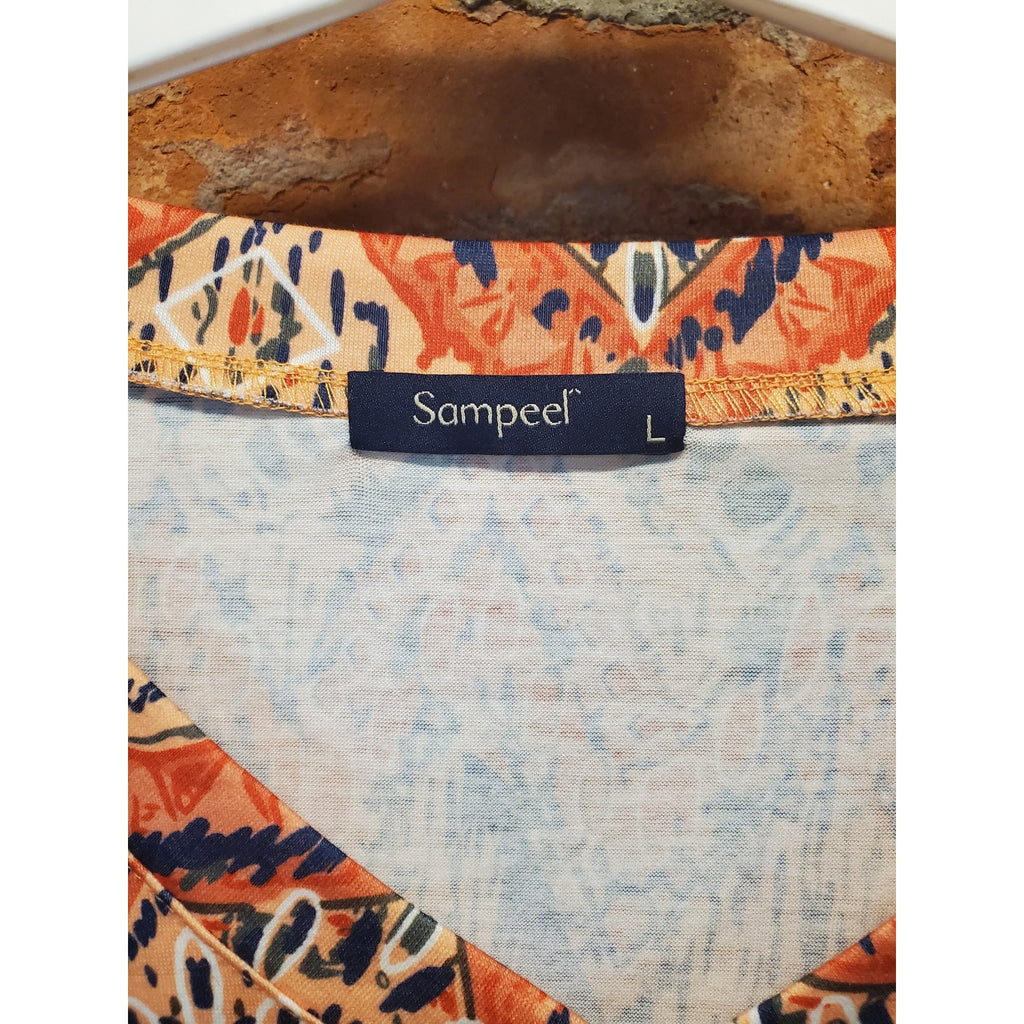 Sampeel Womens Tunic Top L Orange Navy Multicolor Geometric V Neck 3/4 Sleeve