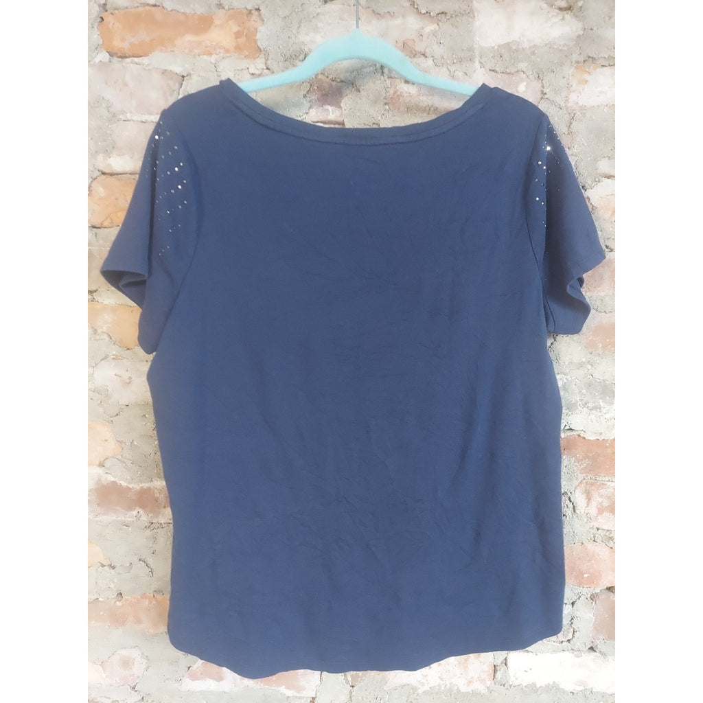 Westport Womens T-Shirt 2X Navy Blue Rhinestone Studded Cotton Short Sleeve