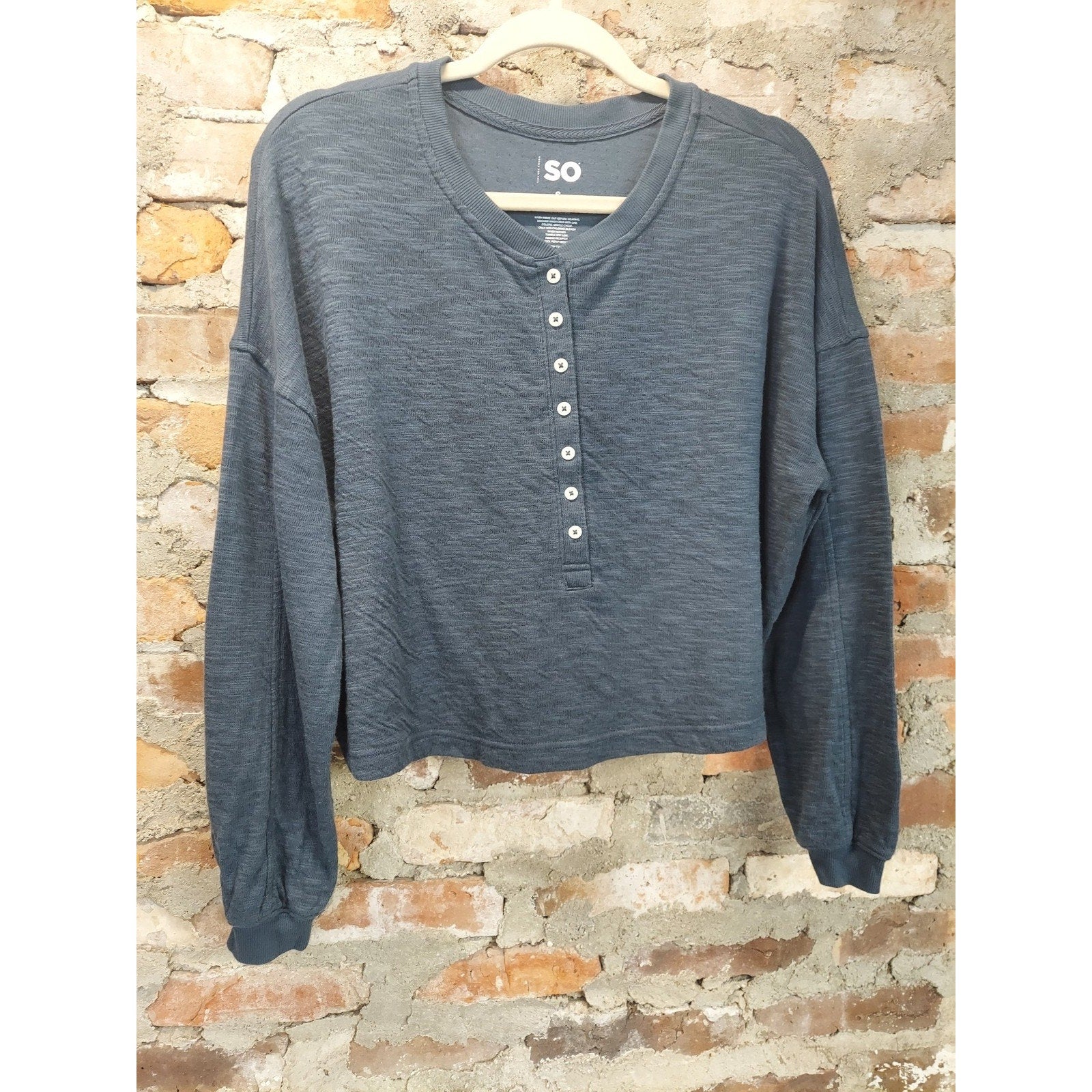 SO Womens Cropped Henley Long Sleeve Top Small Dark Blue Cotton Polyester