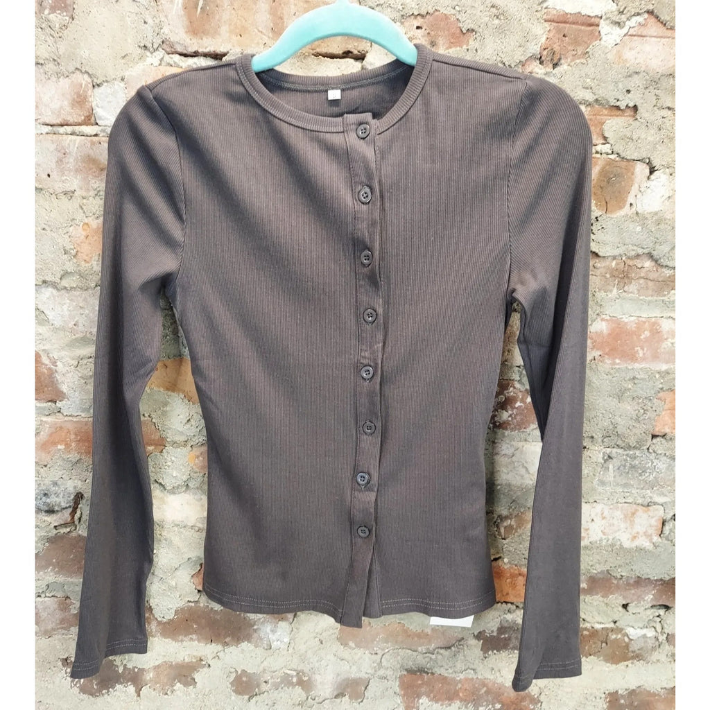 Womens Ribbed Knit Cardigan Top Size S Brown Long Sleeve Button Front Shirt
