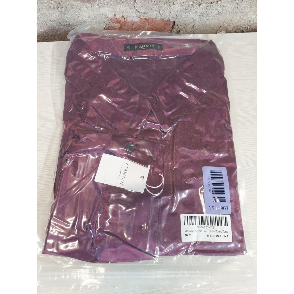 STAMAIN Womens 3X Purple Satiny Blouse Shirt Top Party Long Sleeve Button Up