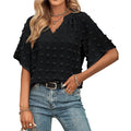 siliteelon Womens V Neck Blouse Shirt Swiss Dot Pom Pom Short Sleeve S Black