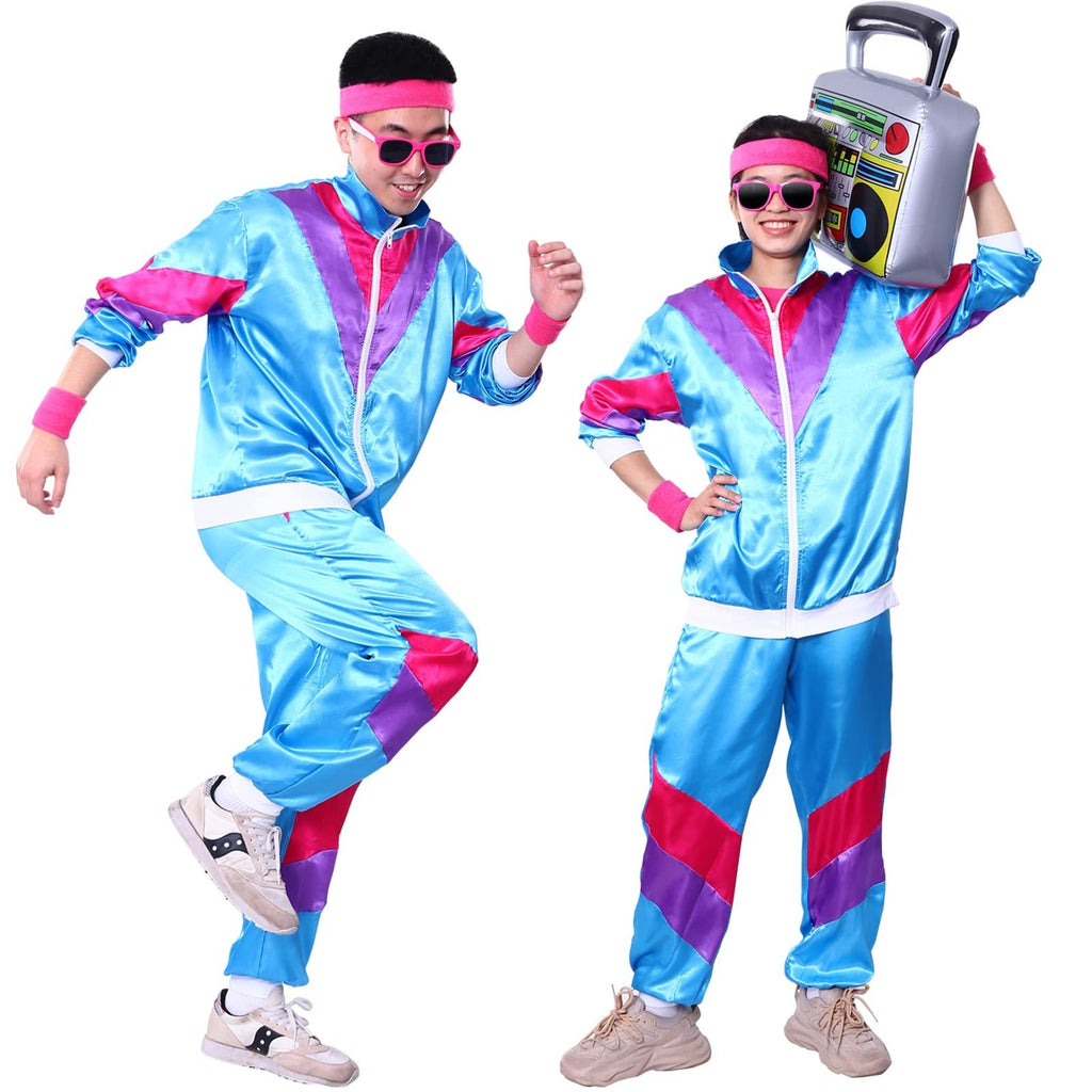 80s Retro Tracksuit Mens Womens XL Blue Pink Purple Neon Costume