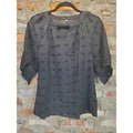 Womens Black Blouse S Pom Pom Dot Textured 3/4 Sleeve Ruffle Neck Polyester