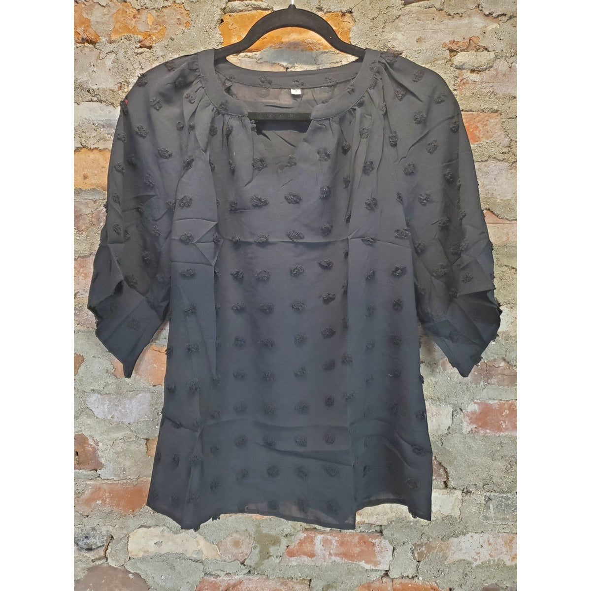 Womens Black Blouse S Pom Pom Dot Textured 3/4 Sleeve Ruffle Neck Polyester
