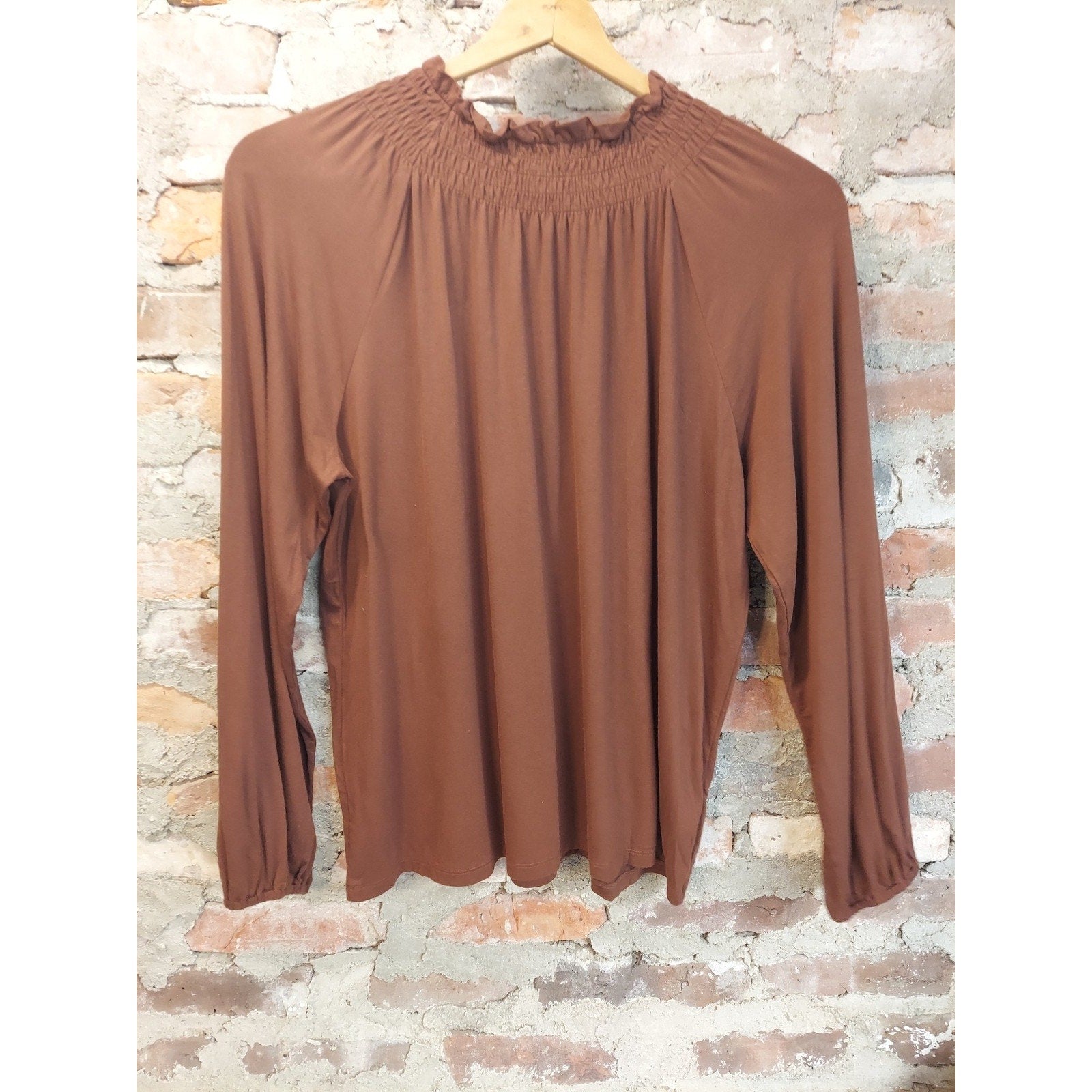 LOFT Outlet Womens L Brown Ruffle Smocked Neck Long Sleeve Pullover Blouse
