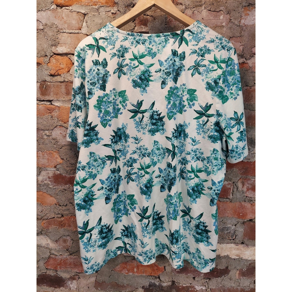 d&co. Womens Plus Size 1X White Blue Green Floral Short Sleeve Crew Neck T Shirt