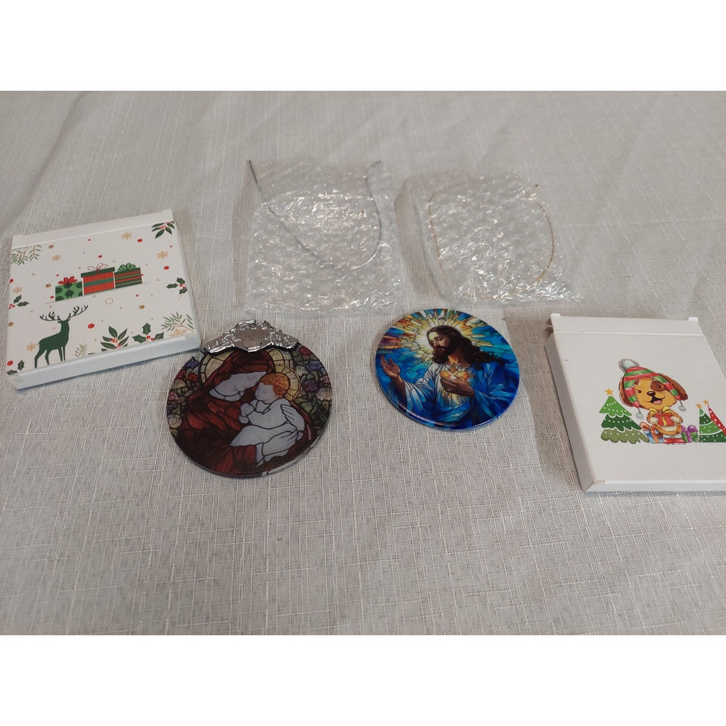 Christmas Ornaments Sacred Heart Jesus Madonna Child Stained Glass Look