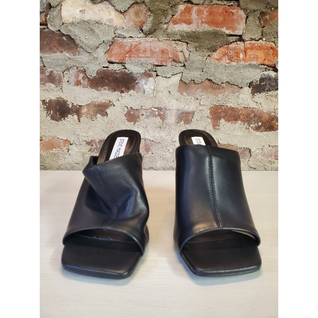 Steve Madden Womens Mules Black Block Heel Square Toe 7.5 Leather Upper Slip On
