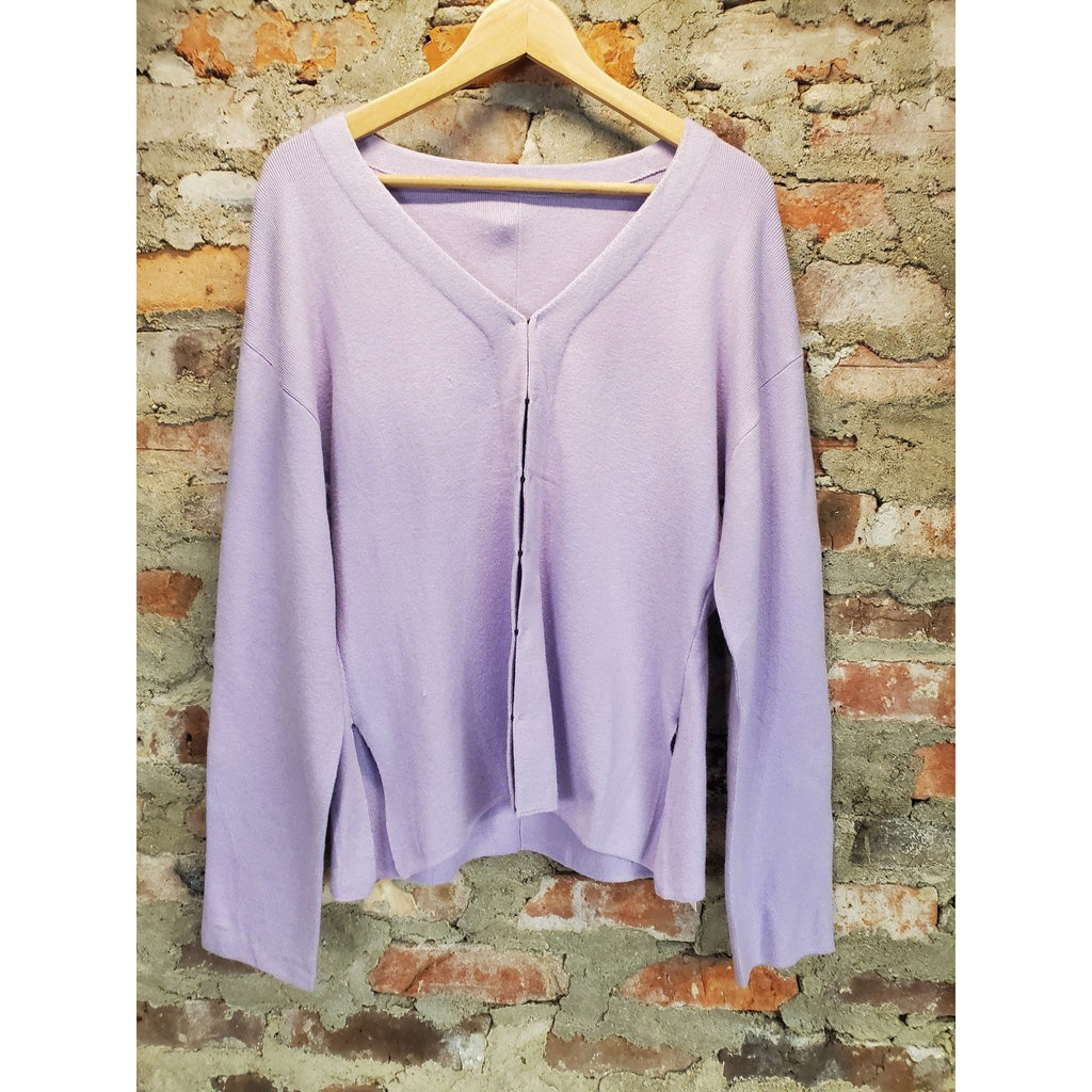 Womens Violet V Neck Knit Sweater L Long Sleeve Drop Shoulder Side Slit