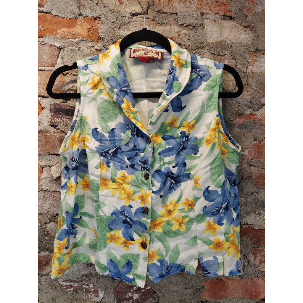 Caribbean Joe Womens L Sleeveless Floral Rayon Hawaiian Shirt Tropical