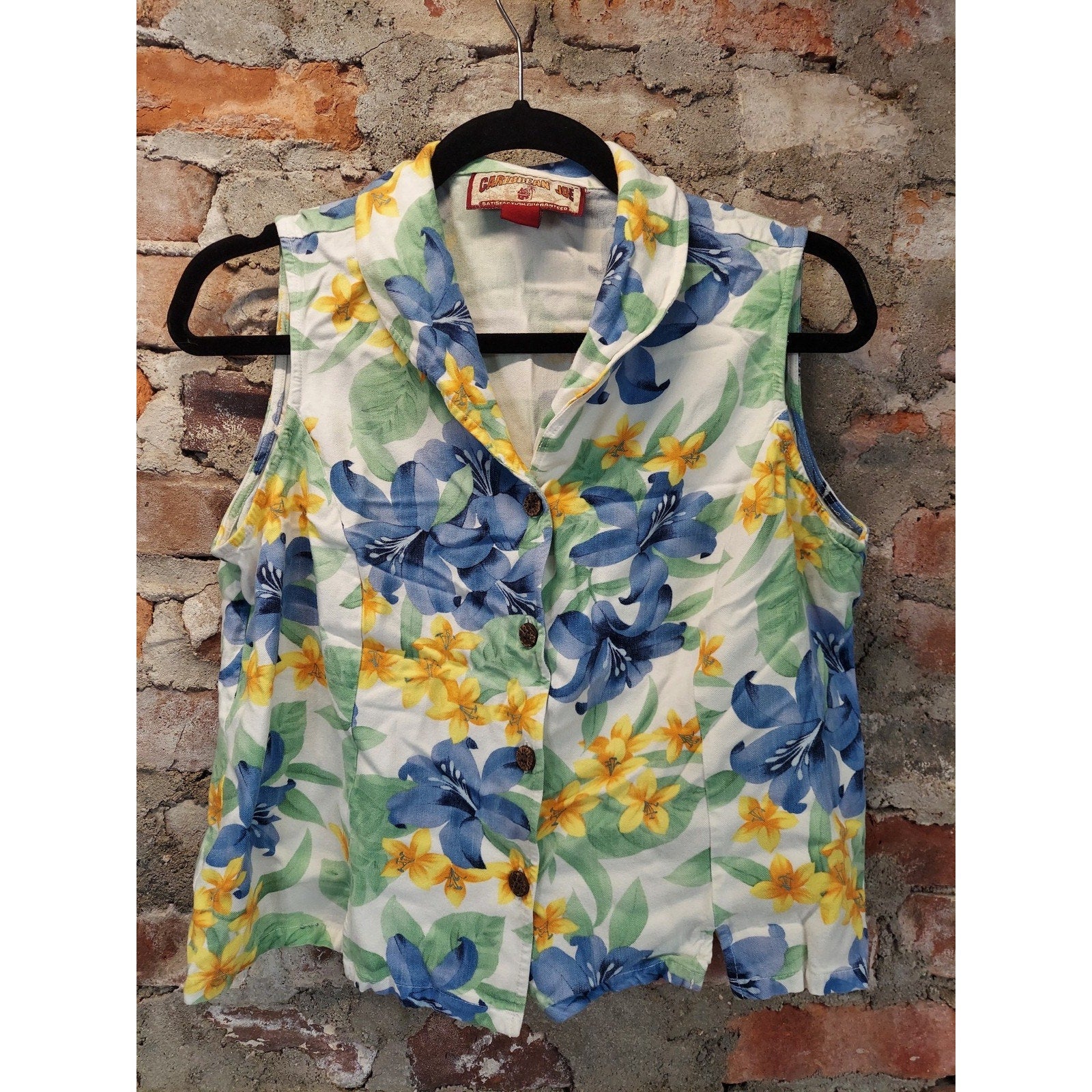 Caribbean Joe Womens L Sleeveless Floral Rayon Hawaiian Shirt Tropical