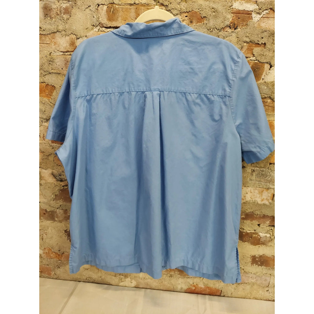 Karen Scott Sport Womens Button Up Shirt Blouse 1X Blue Cotton Short Sleeve
