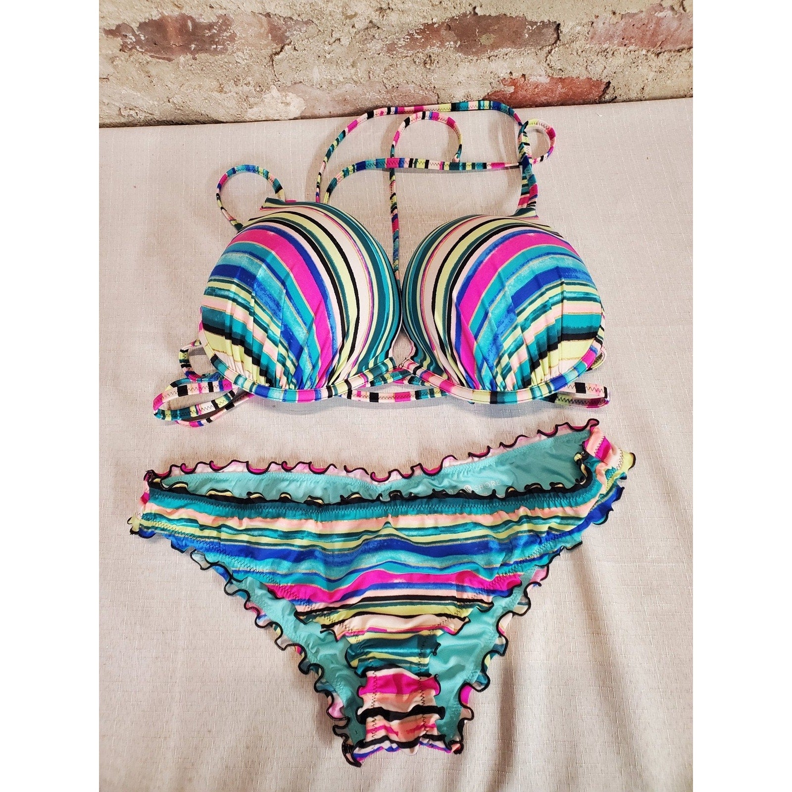 Shade & Shore Womens Bikini Swimsuit Set L Multicolor Striped Push Up Top 36DD