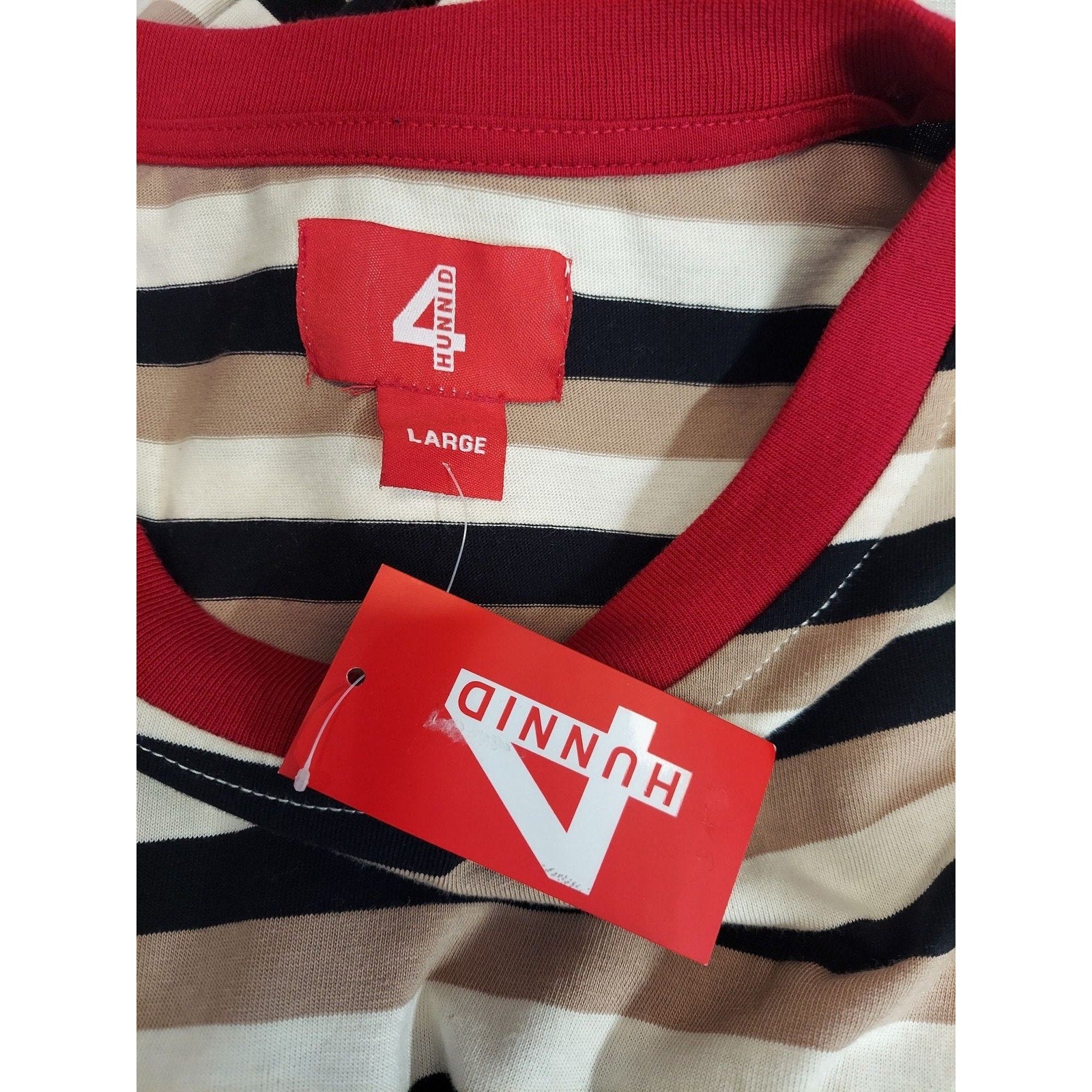 4 Hunnid Mens T-Shirt Large Multicolor Striped Short Sleeve Red Ringer NWT