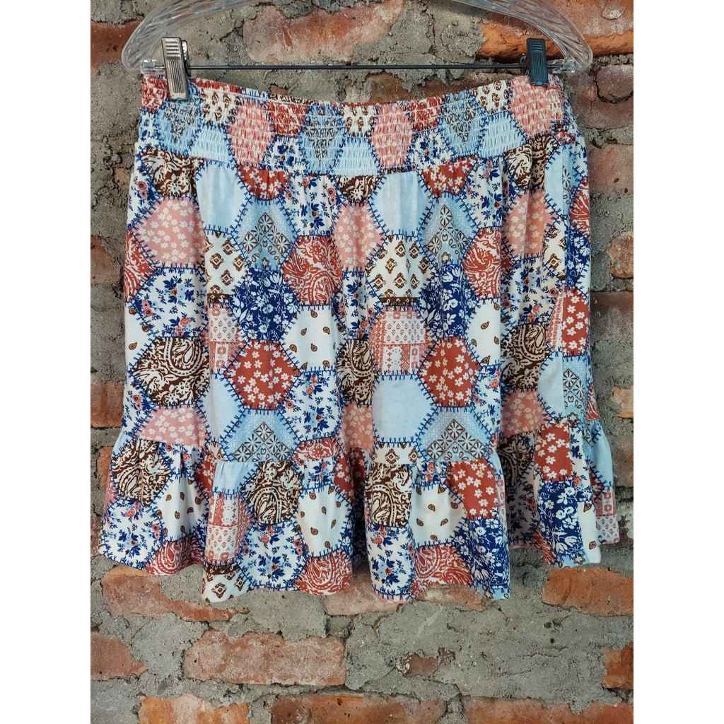 Sugar & Jade Womens Mini Skirt XXL Multicolor Patchwork Ruffle Smocked Waist