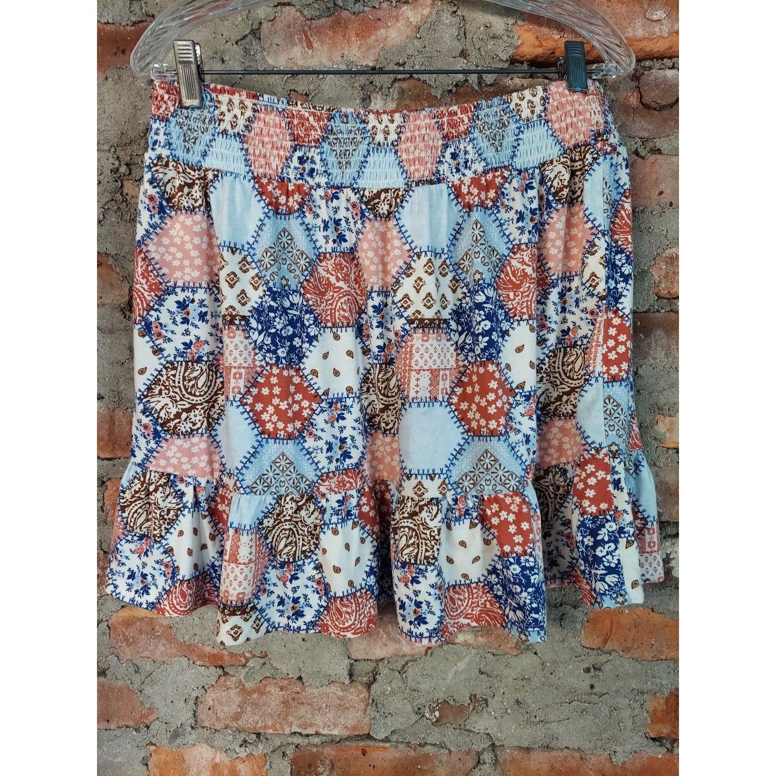 Sugar & Jade Womens Mini Skirt XXL Multicolor Patchwork Ruffle Smocked Waist