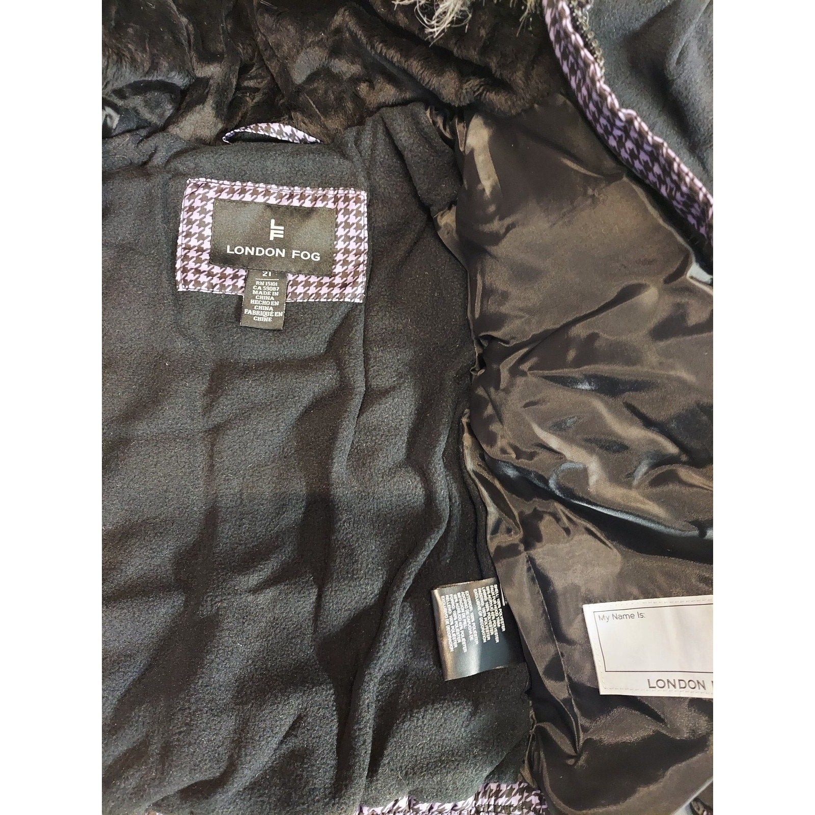 London Fog Baby Girls 3T Puffer Jacket Faux Fur Hood Purple Houndstooth NWT Hat
