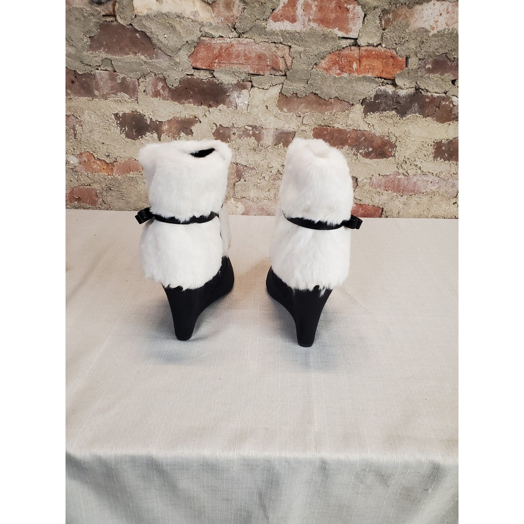 NEWBELLA Womens Ankle Boots Size 6 Black White Faux Fur Wedge Pointed Toe
