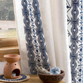 Bohemian Embroidered Grommet Top Window Curtain Panels Pair Blue Cream Geometric