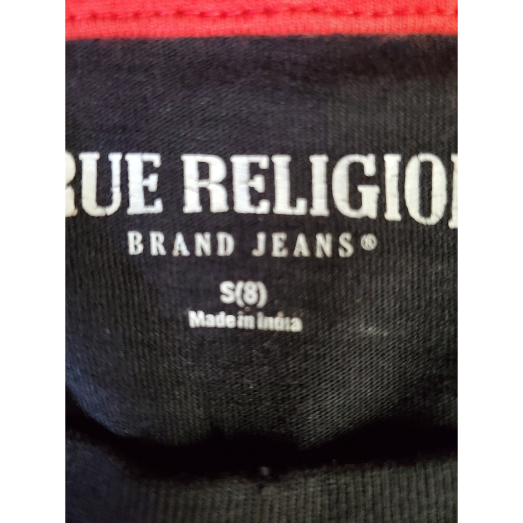 True Religion Boys T Shirt S 8 Black Gold Red Horseshoe Logo Graphic Tee