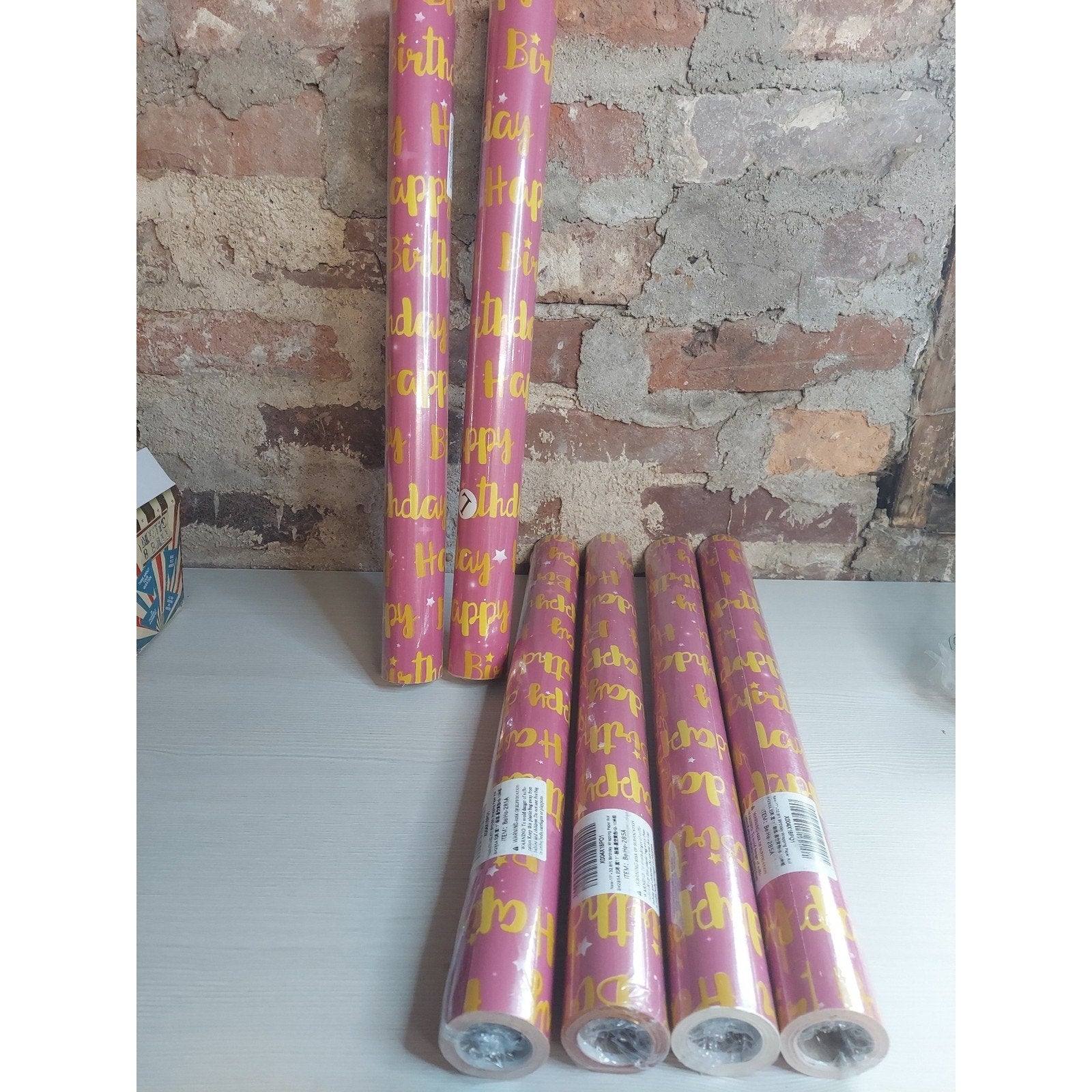 BeiHe Happy Birthday Wrapping Paper Roll Pink Gold Stars 17 Inch x 32.8 ft